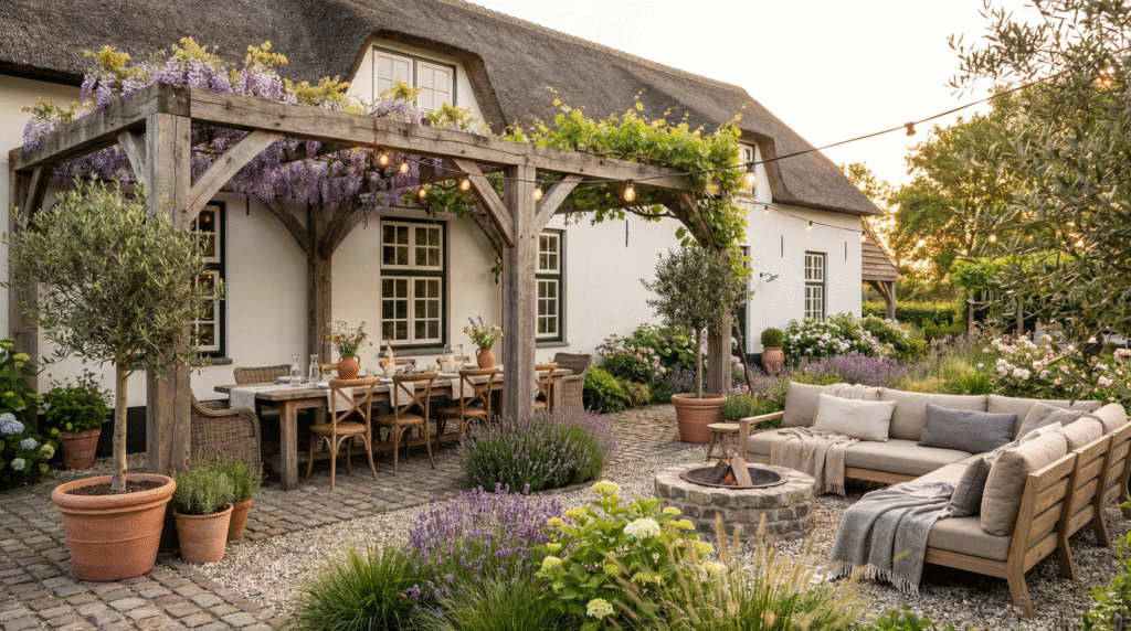 Landelijke houten eettafel boerderij terras