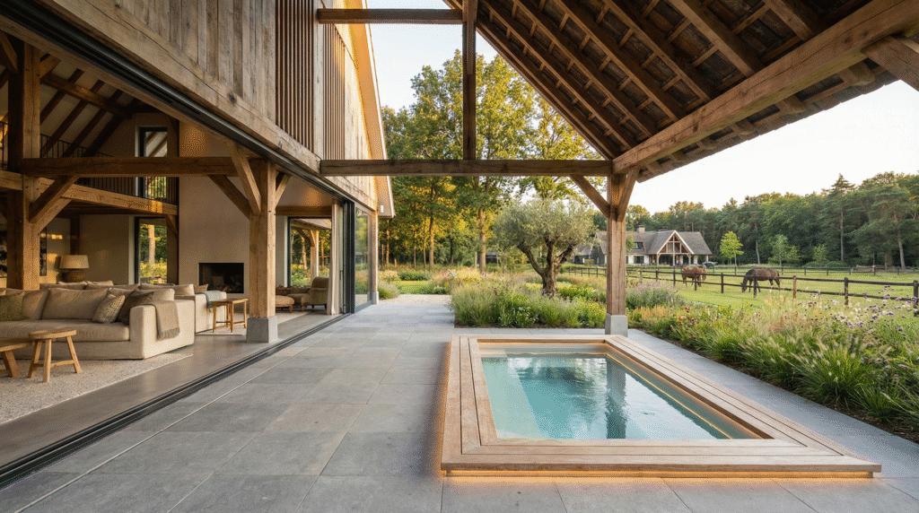 binnen buiten connectie. interieur. paarden uitzicht. boerderij.